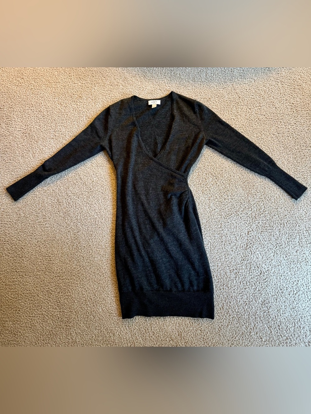 LOFT Charcoal Wrap-Style V-Neck Long Sleeve Dress